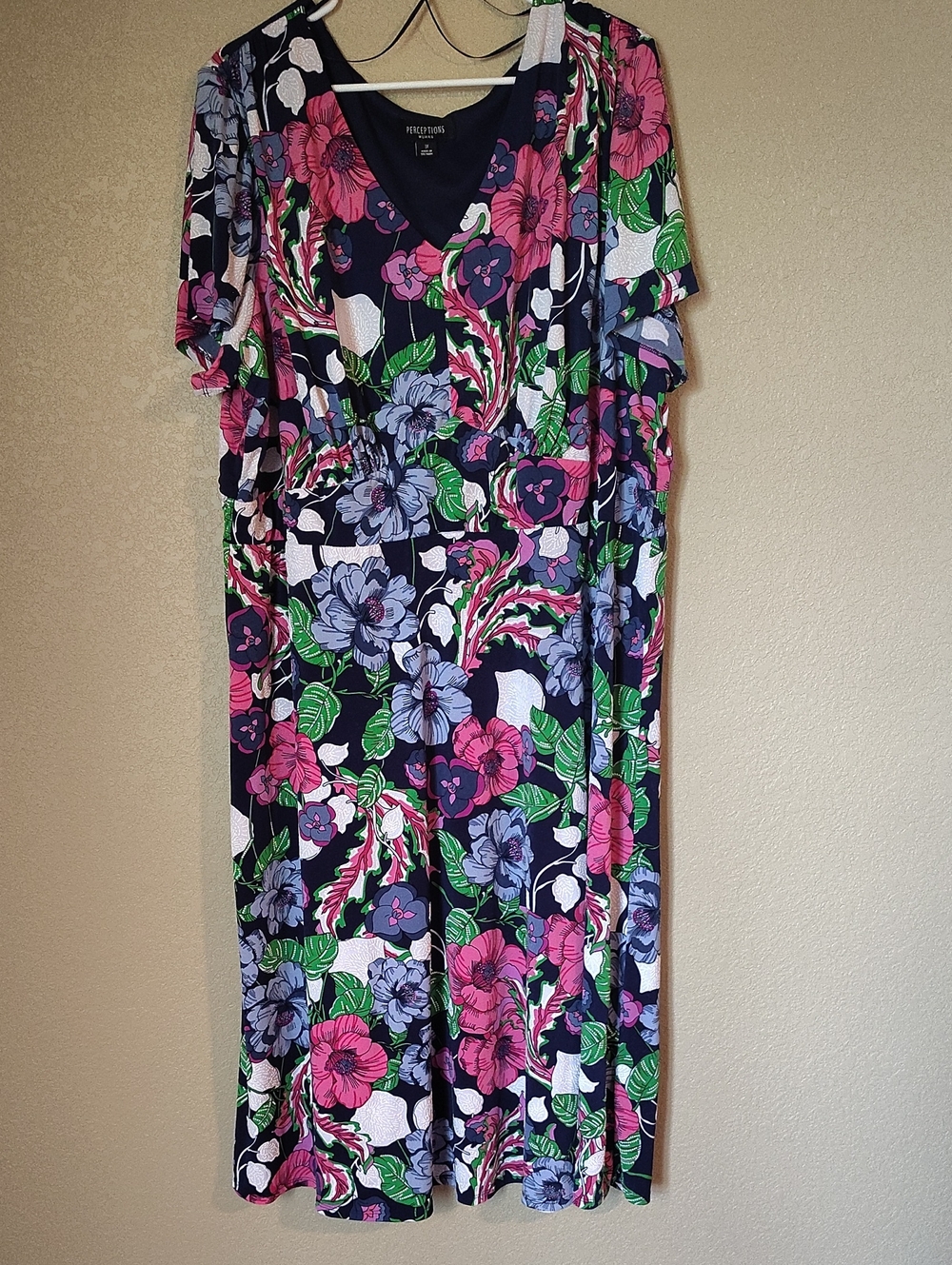 Perceptions Navy Midi Dress with Pink, Purple & Green Floral Print